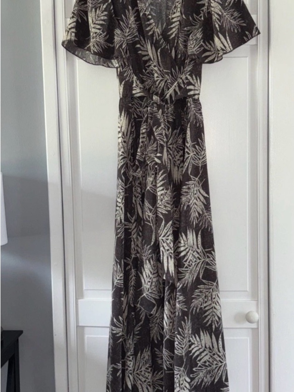 Leaf-Print Black and Cream Wrap Maxi Dress